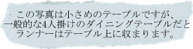 この写真は小さめのテーブルですが、一般的な４人がけのダイニングテーブルだとランナーはテーブル上に収まります